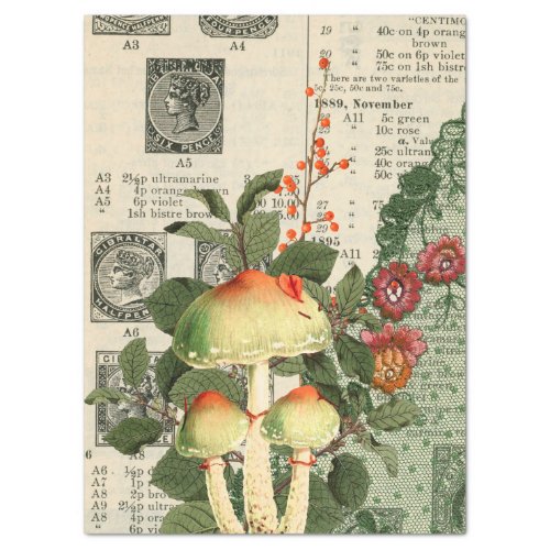 Vintage Mushroom Floral Newspaper Print Decoupage Tissue Paper