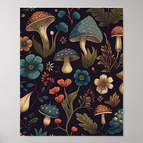Vintage Mushroom Flower Design Art Poster