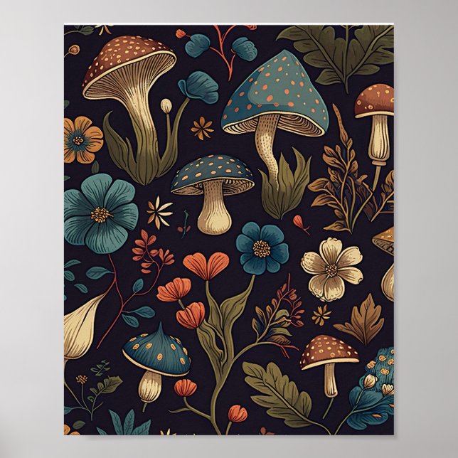 Vintage Mushroom Flower Design Art Poster (Front)