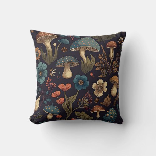Vintage Mushroom Flower Design Art Throw Pillow