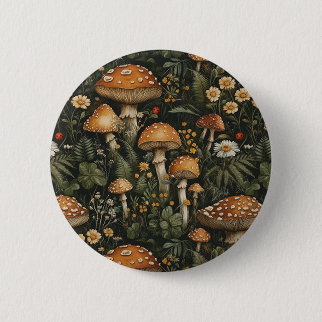 Vintage Mushroom Garden Seamless Pattern Button (Front)