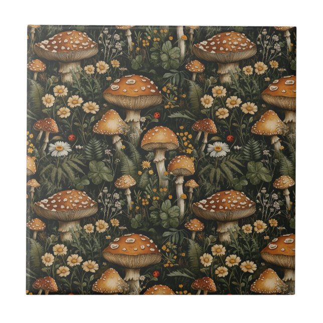 Vintage Mushroom Garden Seamless Pattern Ceramic Tile (Front)