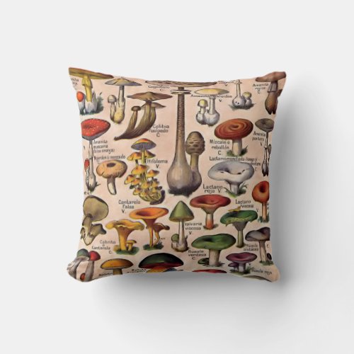 Vintage Mushroom Guide Throw Pillow