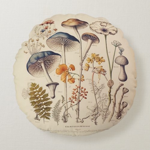 Vintage Mushroom Naturalist Burnt Orange Round Pillow