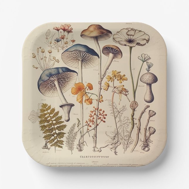 Vintage Mushroom Naturalist Paper Plates (Front)