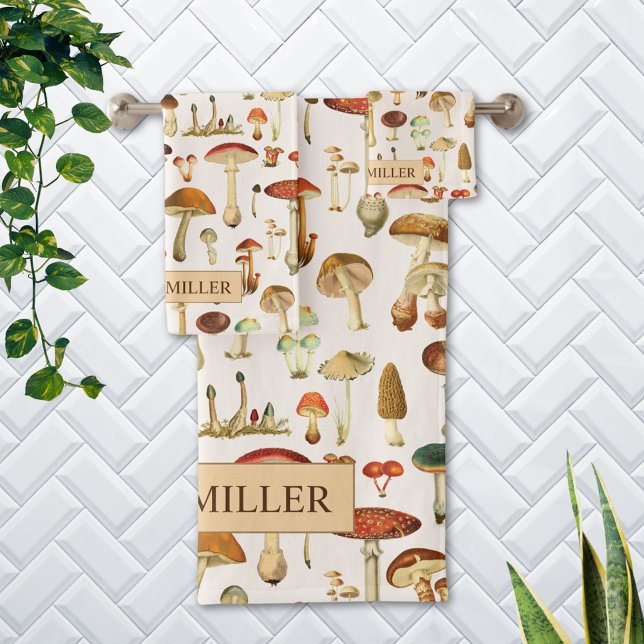 Vintage Mushroom Pattern Bath Towel Set (In situ Bathroom wall)