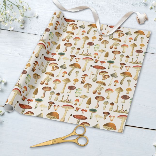 Vintage Mushroom Pattern Wrapping Paper (Close up)