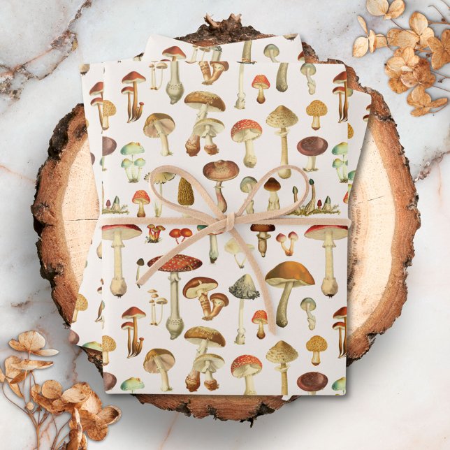 Vintage Mushroom Pattern Wrapping Paper Sheets (Close up)