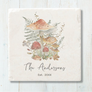 Vintage Mushroom Personalized Family Name Stone Coaster
