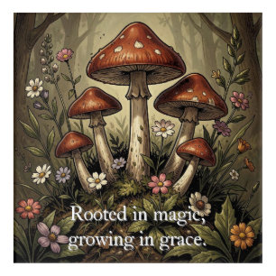 Vintage Mushroom Red Caps and Wildflowers Art