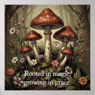 Vintage Mushroom Red Caps and Wildflowers Art Poster