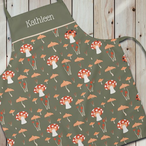 Vintage Mushroom Retro Green All_Over Print Apron