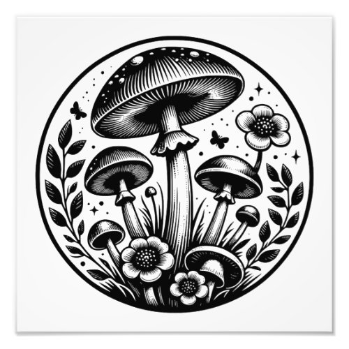 Vintage Mushrooms and Flowers  Photo Print