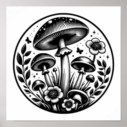 Vintage Mushrooms and Flowers  Poster