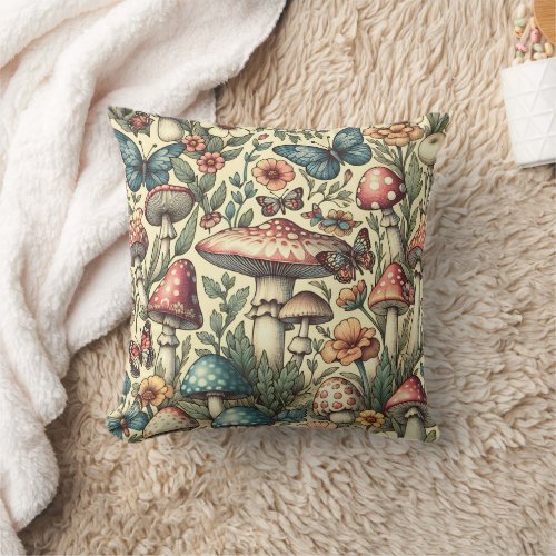 Vintage Mushrooms Flowers Butterflies Scrapbook Throw Pillow