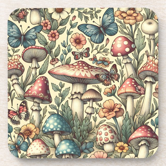 Vintage Mushrooms, Flowers, Butterflies Whimsical Beverage Coaster (Front)
