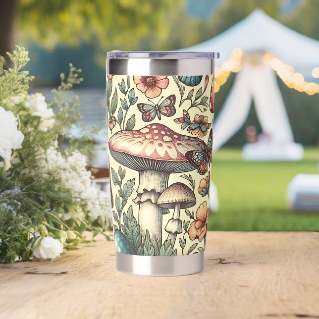 Vintage Mushrooms, Flowers, Butterflies Whimsical Insulated Tumbler (Wedding)