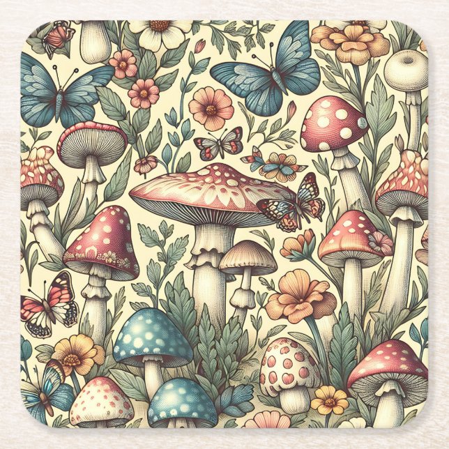 Vintage Mushrooms, Flowers, Butterflies Whimsical Square Paper Coaster (Front)