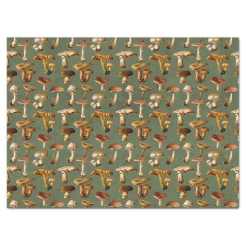 Vintage Mushrooms on Green Decoupage Tissue Paper