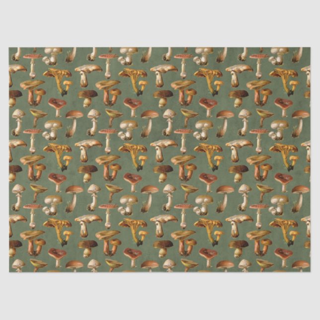 Vintage Mushrooms on Green Decoupage Tissue Paper (Front)