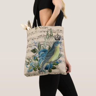 Vintage Music and Blue Bird Collage Tote Bag