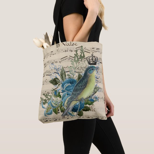 Vintage Music and Blue Bird Collage Tote Bag (Close Up)