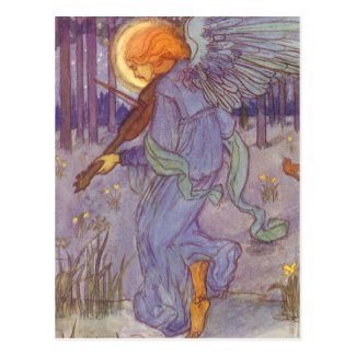 Vintage Music, Angel Playing a Violin in a Forest Postcard
