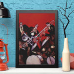 Vintage Music, Art Deco Musical Jazz Band Jamming Poster<br><div class="desc">Vintage illustration art deco design featuring a musical image with a band of musicians performing trombones,  drums,  saxophone and other instruments while the lead singer is holding a microphone.</div>