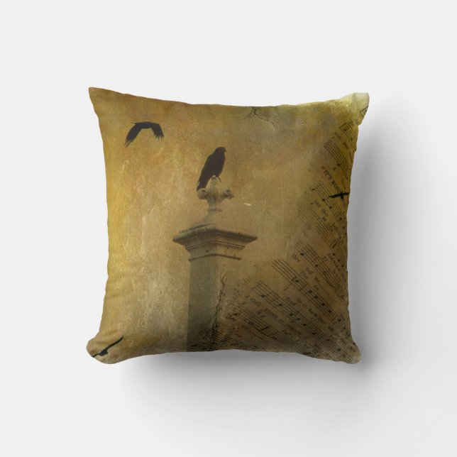 Vintage Music Crow Throw Pillow (Front)