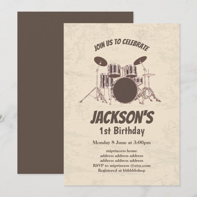 vintage,  music, drum set, birthday invitation (Front/Back)