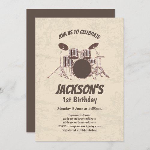 vintage  music drum set birthday invitation