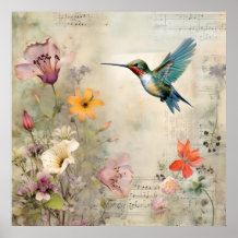 Vintage Music Floral French Hummingbird Art 