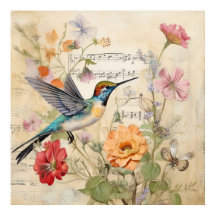 Vintage Music Floral French Hummingbird Art
