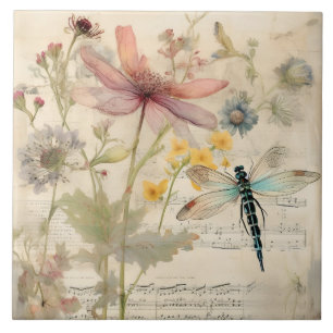 Vintage Music French Floral Dragonfly Art Ceramic Tile