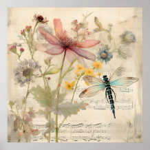 Vintage Music French Floral Dragonfly Art