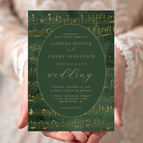 Vintage Music Manuscript Green Gold Wedding Invitation