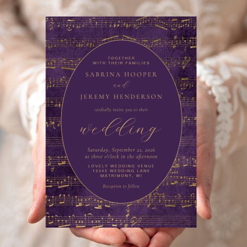 Vintage Music Manuscript Purple Gold Wedding Invitation