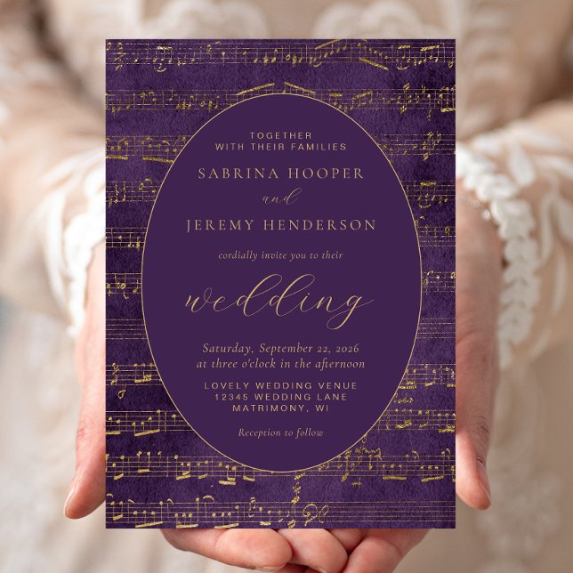 Vintage Music Manuscript Purple Gold Wedding Invitation (Creator Uploaded)