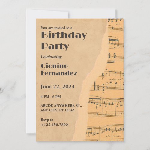 Vintage music note birthday invitation