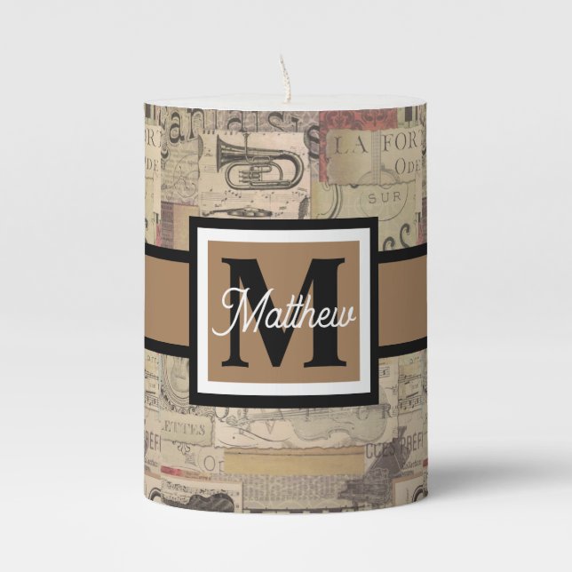 Vintage Music note Musician Monogram  Pillar Candle (Front)