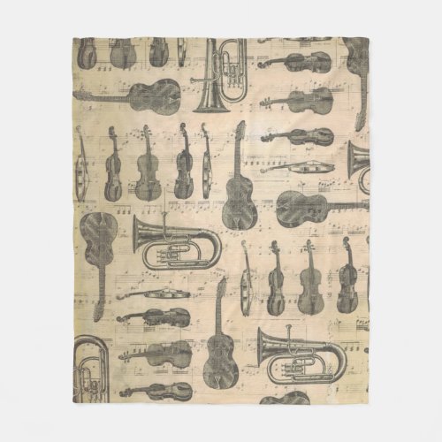 Vintage Music Note Pattern Guitar Violin Tuba Fleece Blanket