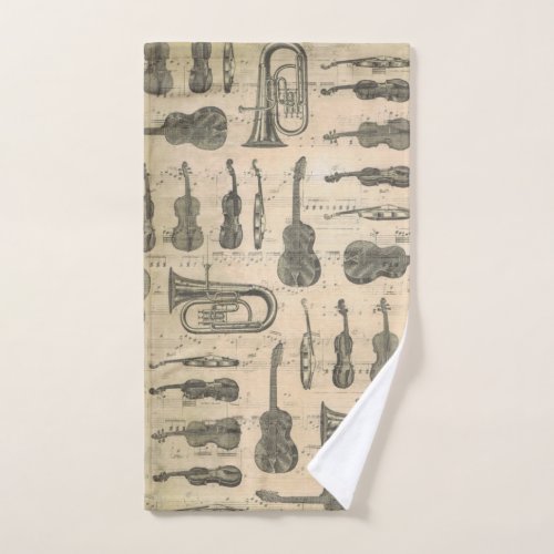 Vintage Music Note Pattern Guitar Violin Tuba  Hand Towel