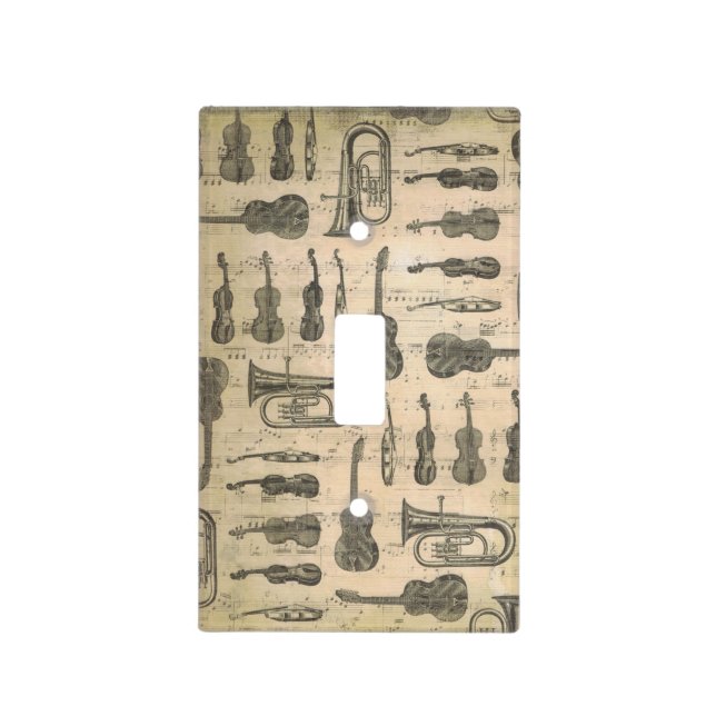 Vintage Music Note Pattern Guitar Violin Tuba Light Switch Cover (Front)