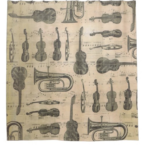 Vintage Music Note Pattern Guitar Violin Tuba Shower Curtain