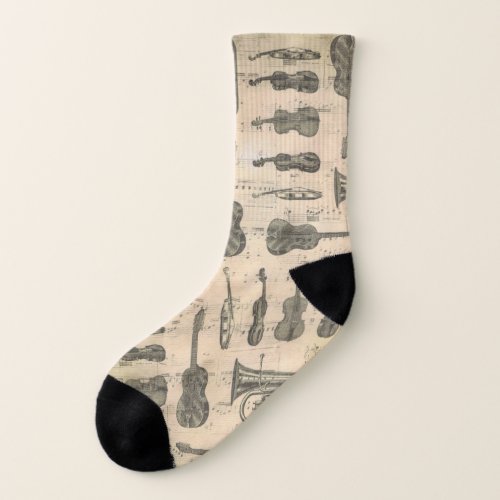 Vintage Music Note Pattern Guitar Violin Tuba   Socks