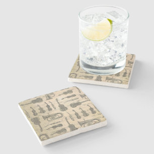 Vintage Music Note Pattern Guitar Violin Tuba Stone Coaster