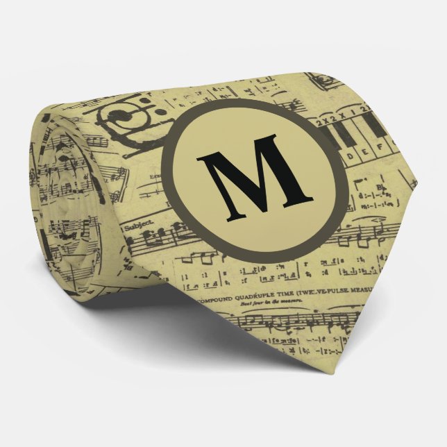Vintage music note Pattern Monogram musician Neck Tie (Rolled)