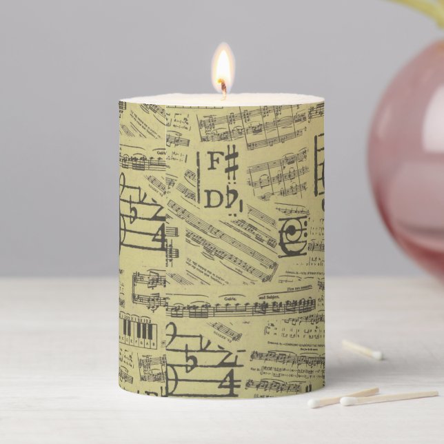 Vintage Music Note Pattern Musician  Pillar Candle (In Situ)