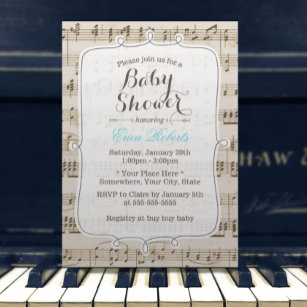 Vintage Music Notes Elegant Baby Shower Invitation
