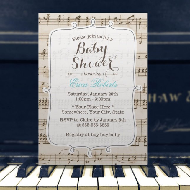 Vintage Music Notes Elegant Baby Shower Invitation (Creator Uploaded)